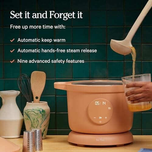 Automatic cooker with features like keep warm, hands-free steam release, and safety features.