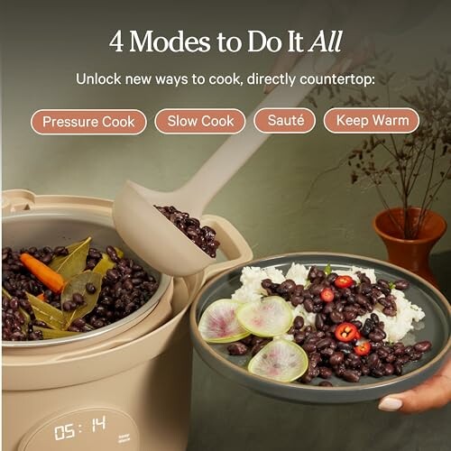 Multi-cooker with pressure cook, slow cook, sauté, and keep warm modes.